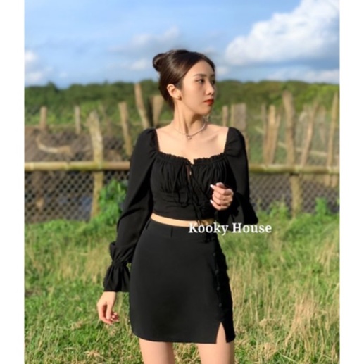 KOOKY HOUSE - ÁO JUHI ĐEN - Áo Croptop tay dài thiết kế nhún ngực thời trang và cao cấp