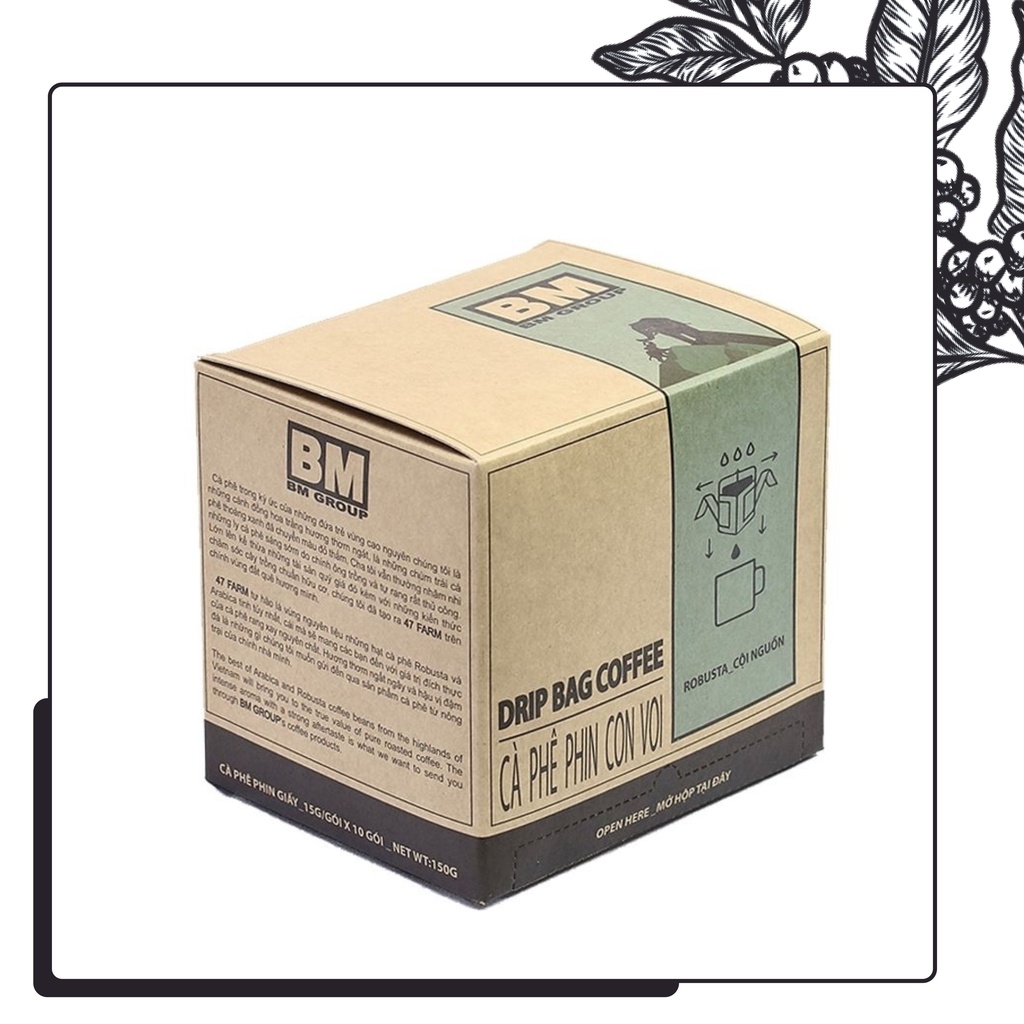 Cà Phê Phin Giấy - Hộp 10 Phin - BM CỘI NGUỒN, hạt cà robusta hái chín chế biến ướt, rang mộc, nguyên chất - BM GROUP