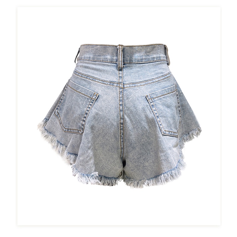 Quần Short Denim Lưng Cao Ống Rộng Phối Nút Và Túi Tua Rua Thời Trang Retro Cho Nữ