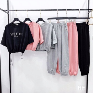 Bộ áo croptop ngắn tay dây rút bụng quần bom chun gấu chữ newyork