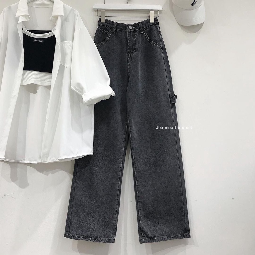 Quần Jean Nữ Dài Quần Bò Nữ Ống Suông Form Rộng Lưng Cao Màu Xám Đậm Thiết Kế Basic Năng Động YIB 2661 Gous Official