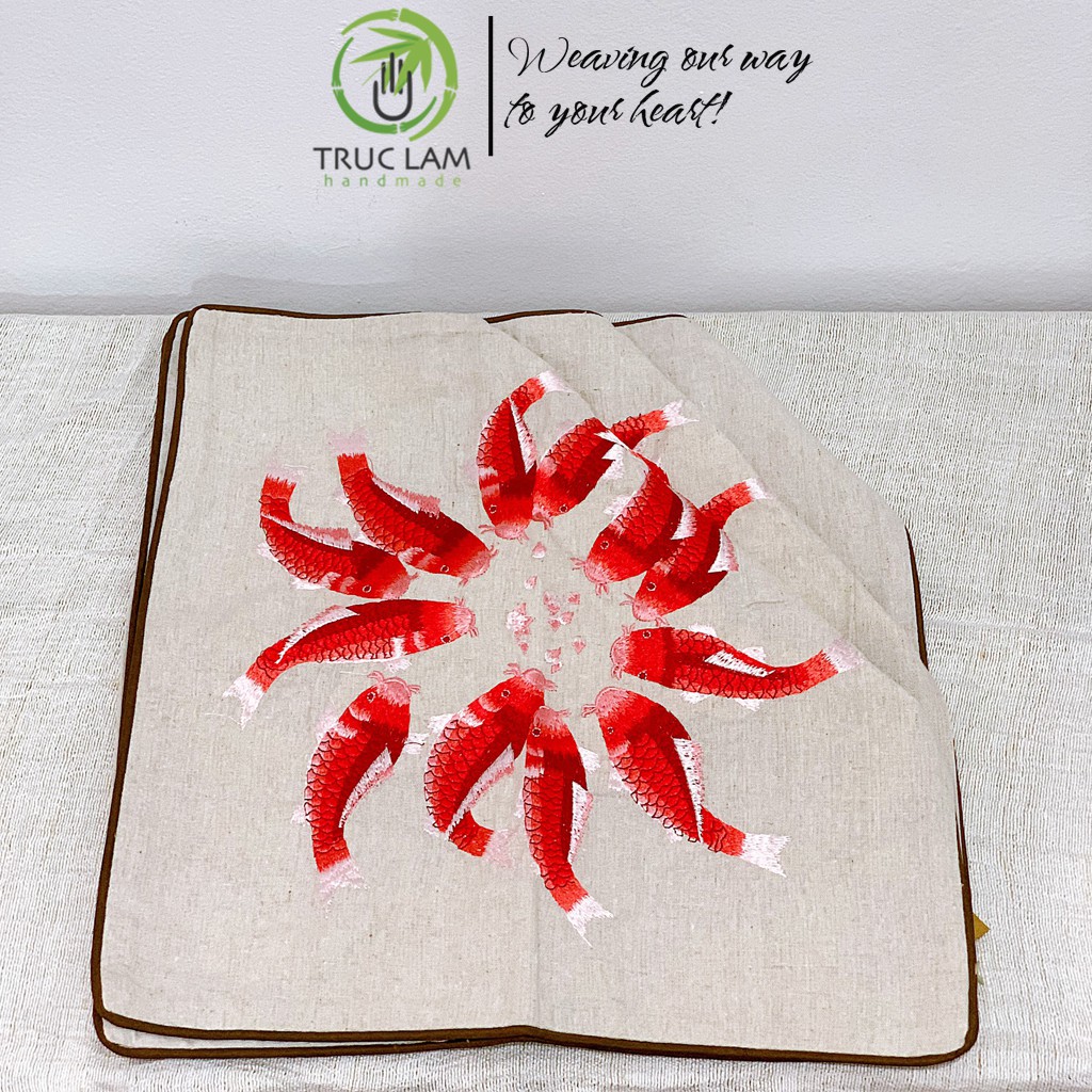 Gối/Vỏ Gối Vuông Tựa Lưng Sofa (45x45) Trang Trí Phòng  Vải Linen Thêu Thủ Công Hình Đàn Cá - Trúc Lâm Handmade