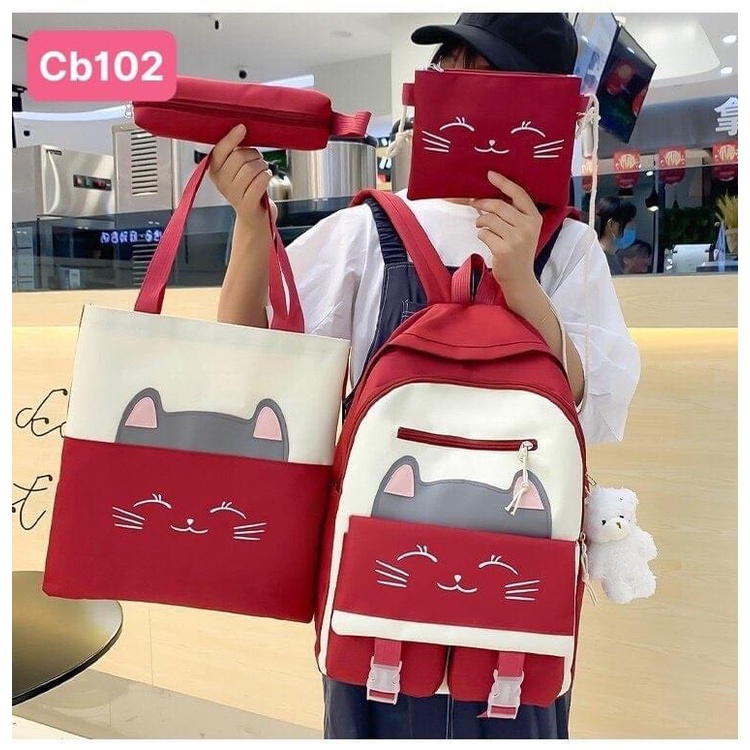 Combo Balo 4 Món Đi Học, Balo Thời Trang - SET BALO 4 MÓN MÈO RÂU TAI HỒNG