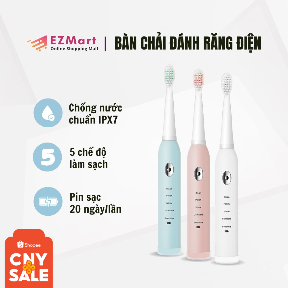 Bàn Chải Điện, Máy Vệ Sinh Chăm Sóc Răng Miệng Electric Toothbrush  5 Chế Độ Tặng Kèm 5 Đầu Thay Thế, Pin sạc tiện lợi