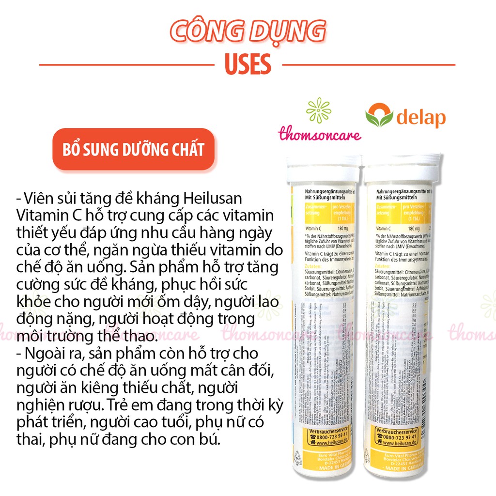 C sủi bổ sung vitamin C Heilusan - nhập khẩu từ Đức, tăng sức đề kháng, miễn dịch, tuýp 20 viên