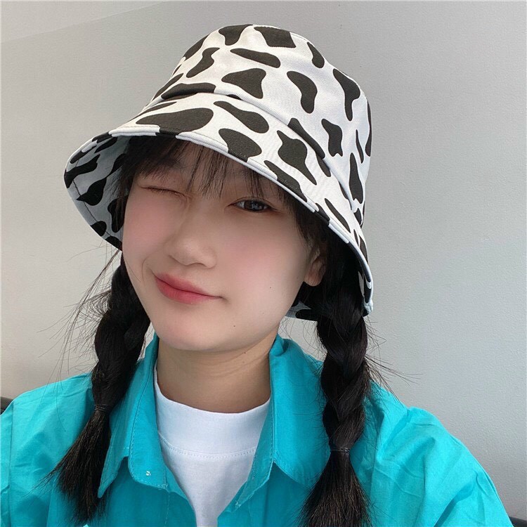 Mũ bucket nam nữ họa tiết loang bò sữa phong cách Hàn Quốc