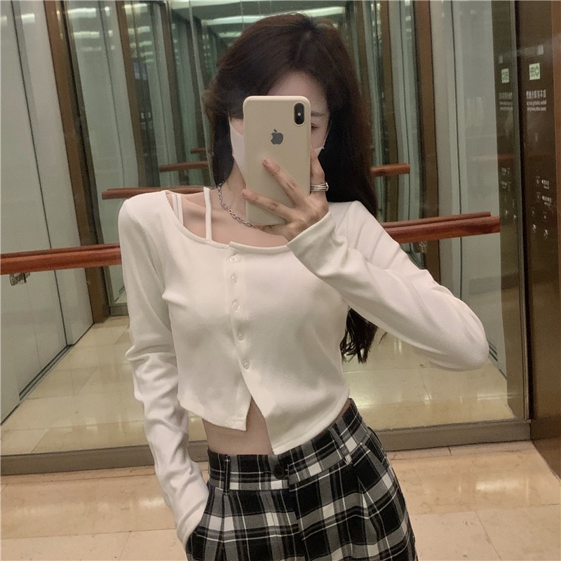 LEEVA - Áo croptop nữ cổ tròn phối dây cách điệu dài tay A199