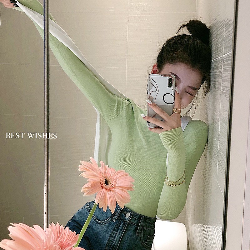 Áo thun cổ cao dáng ôm phong cách Hàn Quốc thời trang cho nữ