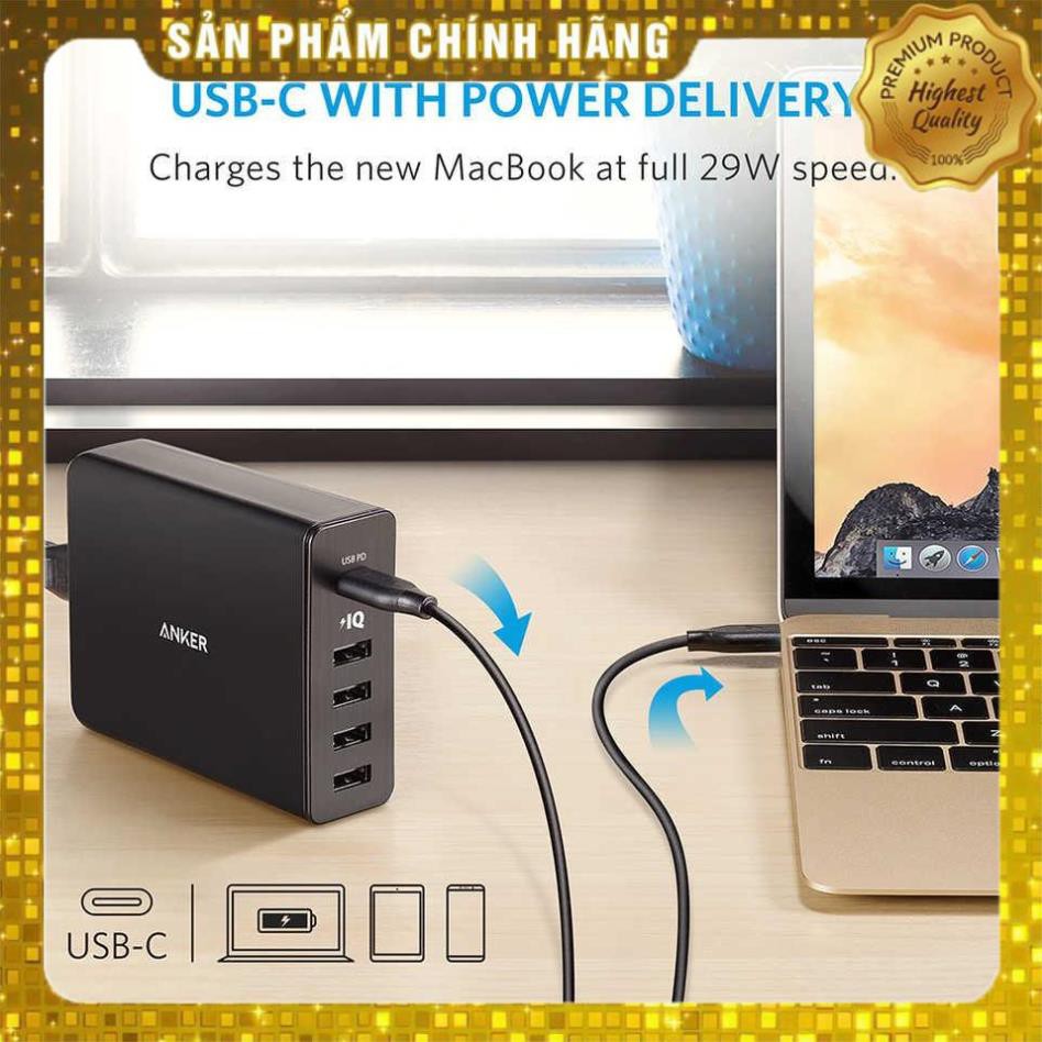 Cóc củ sạc nhanh 60W 4 cổng IQ USB & 1 cổng PD Type-C chính hãng Anker PowerPort +5 (Max 3A / Type-C và 2.4A / USB)