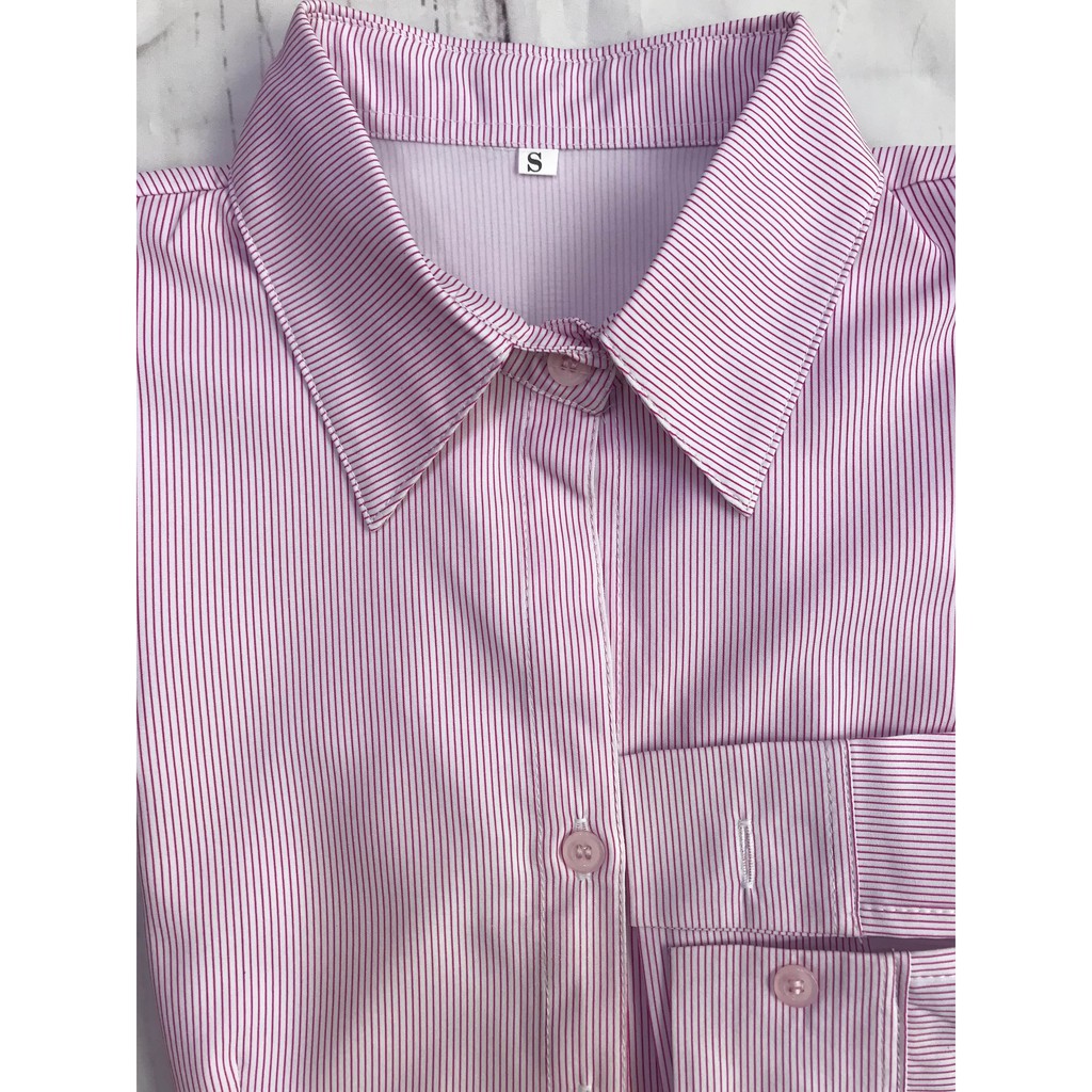 Áo sơ mi nữ kẻ sọc hồng tay dài cao cấp vải lụa ASKH206 | BigBuy360 - bigbuy360.vn