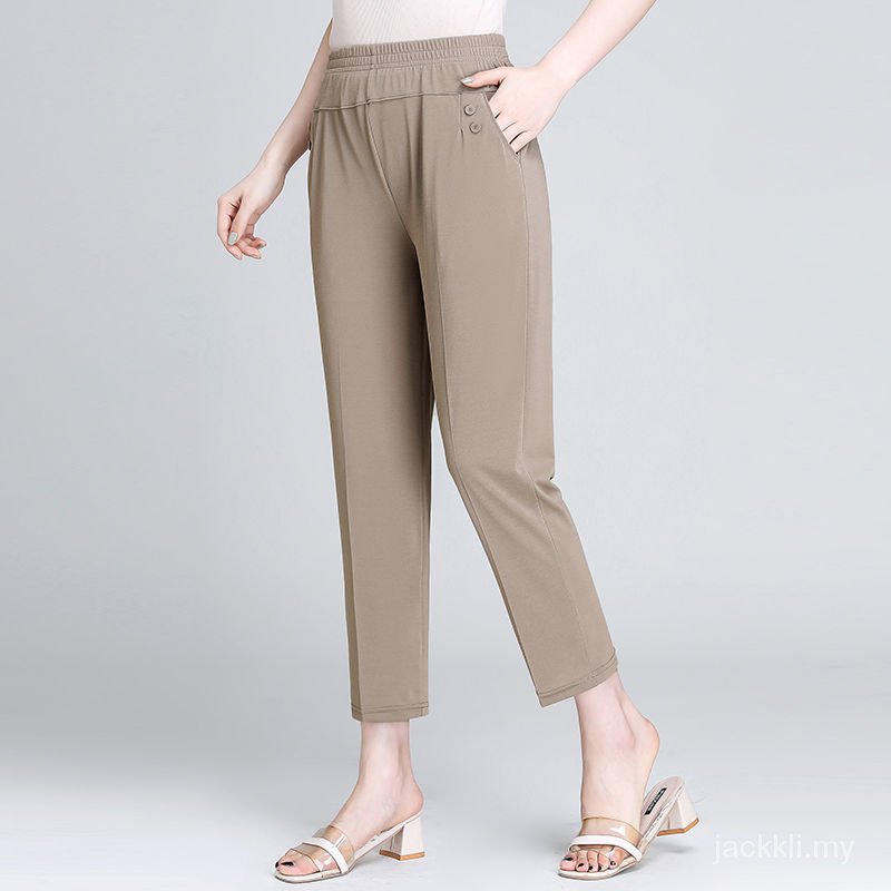 Quần Lụa Lạnh Mỏng Ống Suông Rộng Lưng Cao Co Giãn Thời Trang Mùa Hè Cho Phụ Nữ Trung Niên | BigBuy360 - bigbuy360.vn