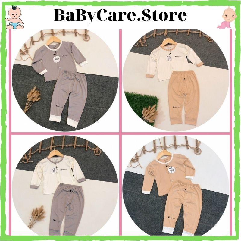 Bộ Dài Tay Cho Bé Gái, Bé Trai Minky Mom Vải Thun Lạnh Phối Màu Trơn Basic Cài Cúc Giữa, Bộ Quần Áo Trẻ Em Mặc Thu Đông