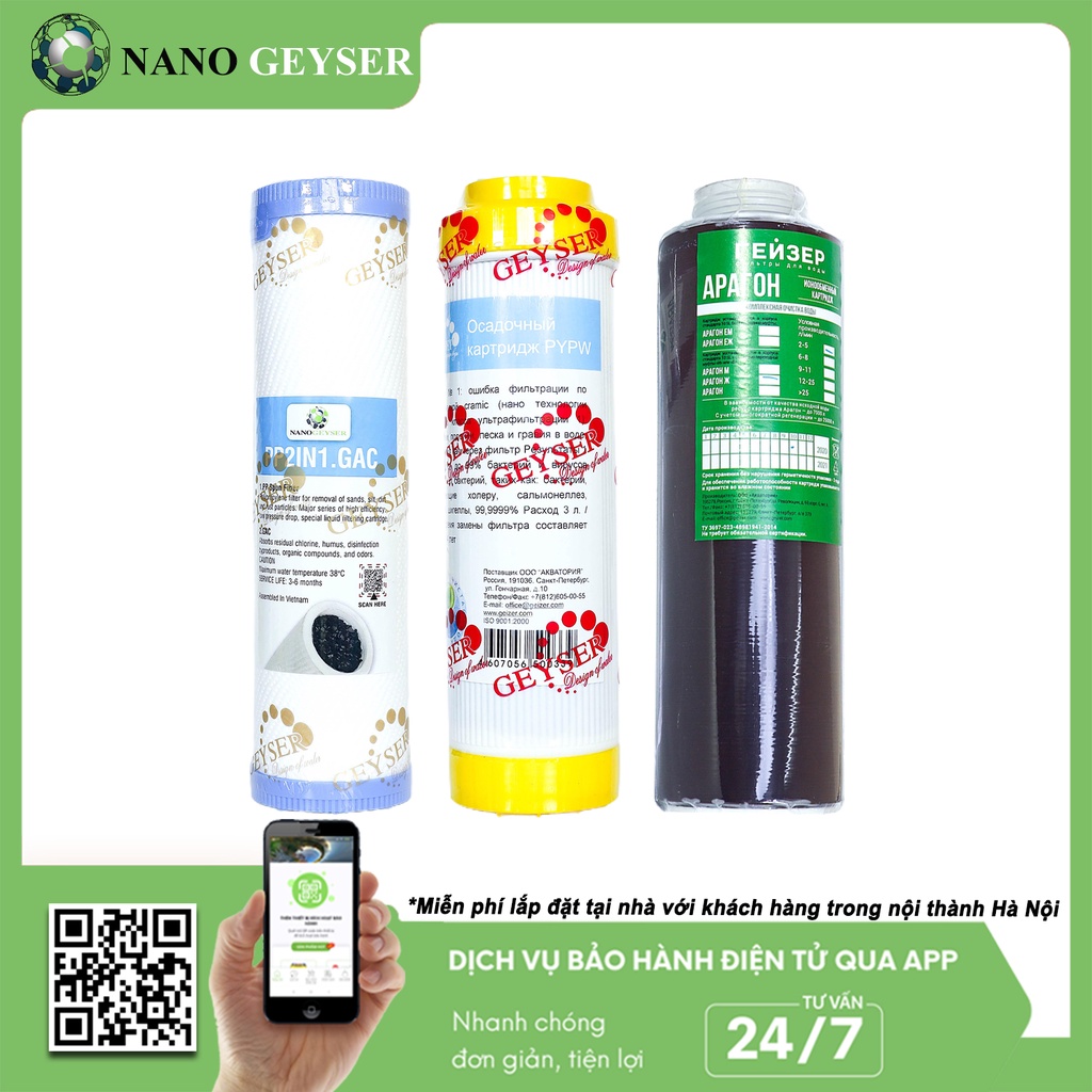 Bộ 3 lõi lọc nước 123 dùng cho các dòng máy NANO, Lõi PP.2in1.GAC, Cation, Aragon Nano Geyser