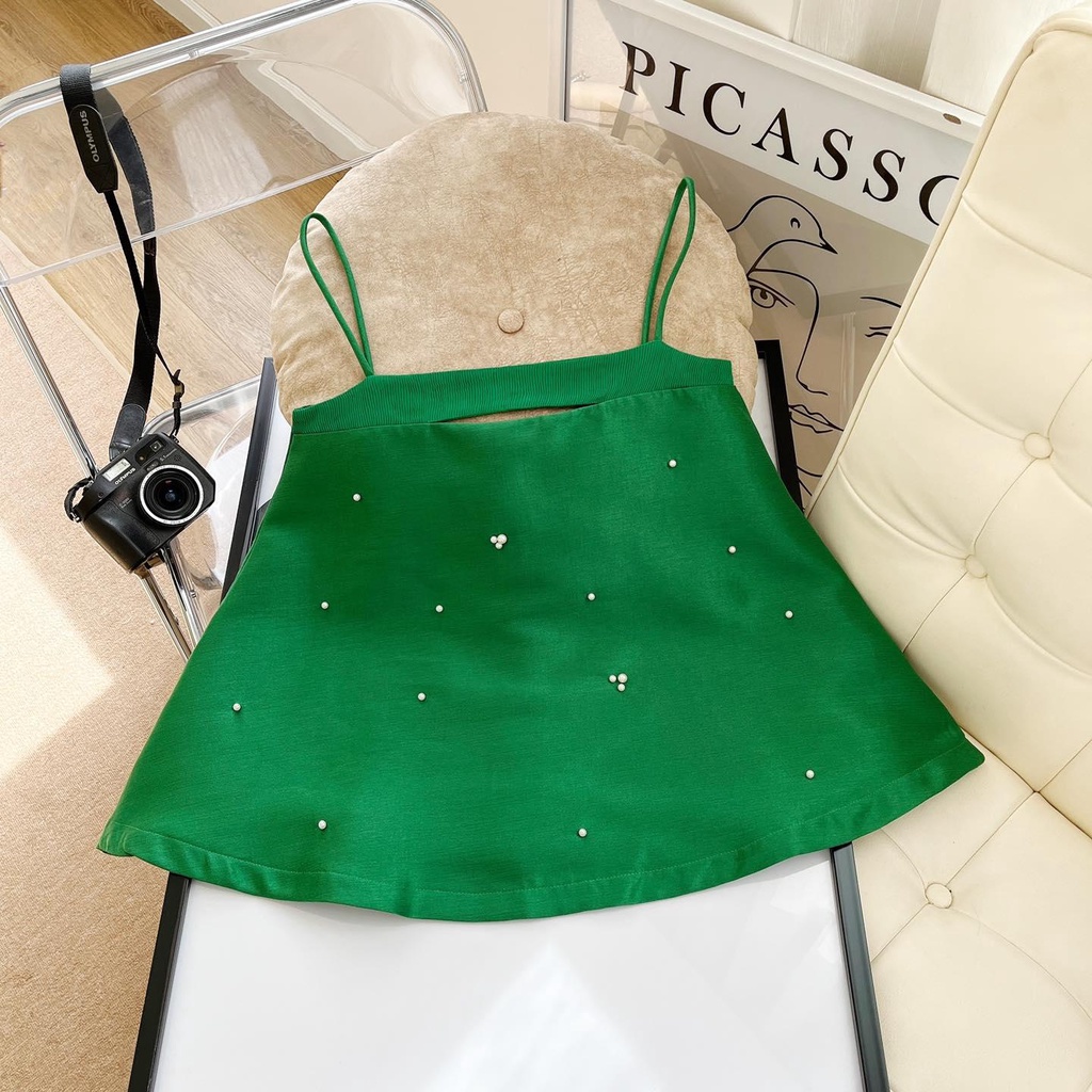 [Ảnh thật] Áo 2 dây cut out đính hạt chất tapta siêu xịn