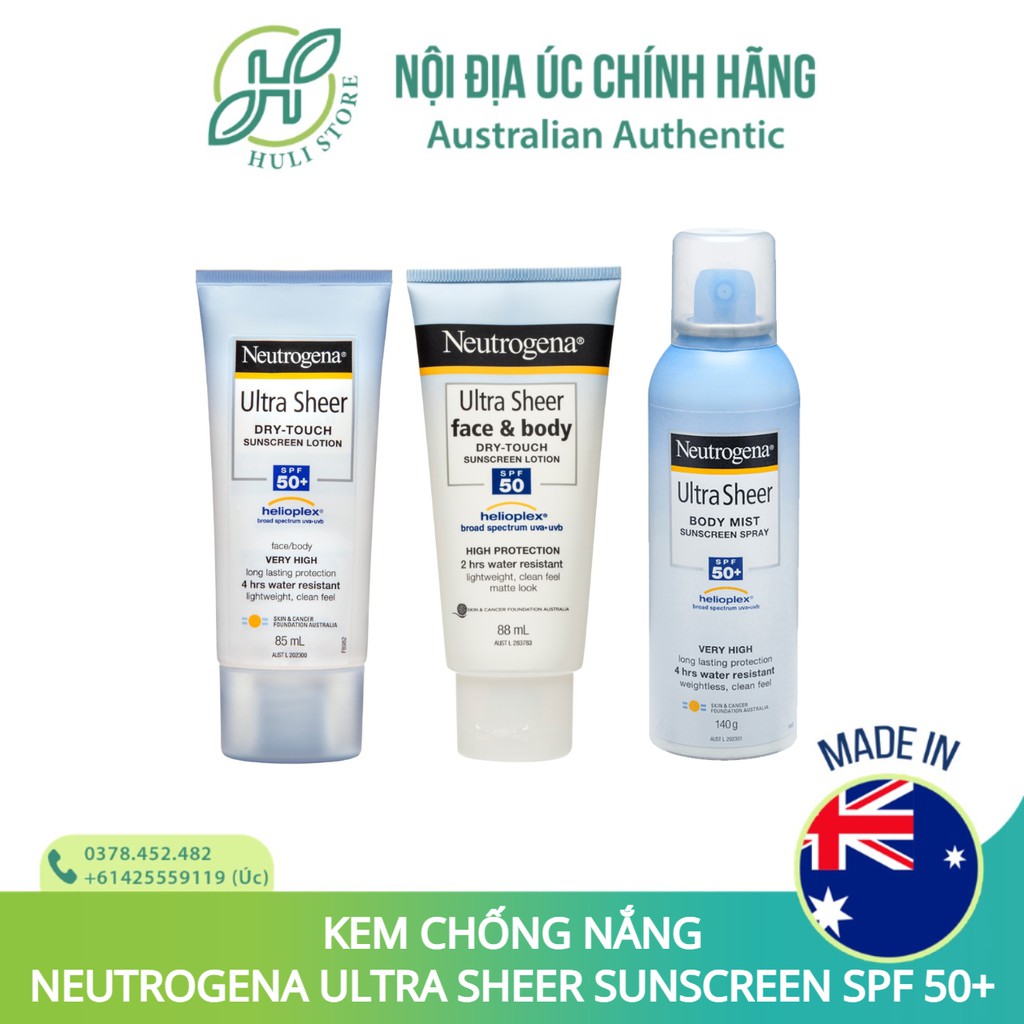 Kem / xịt chống nắng Neutrogena Ultra Sunscreen Sheer Spf50+ Face and Body