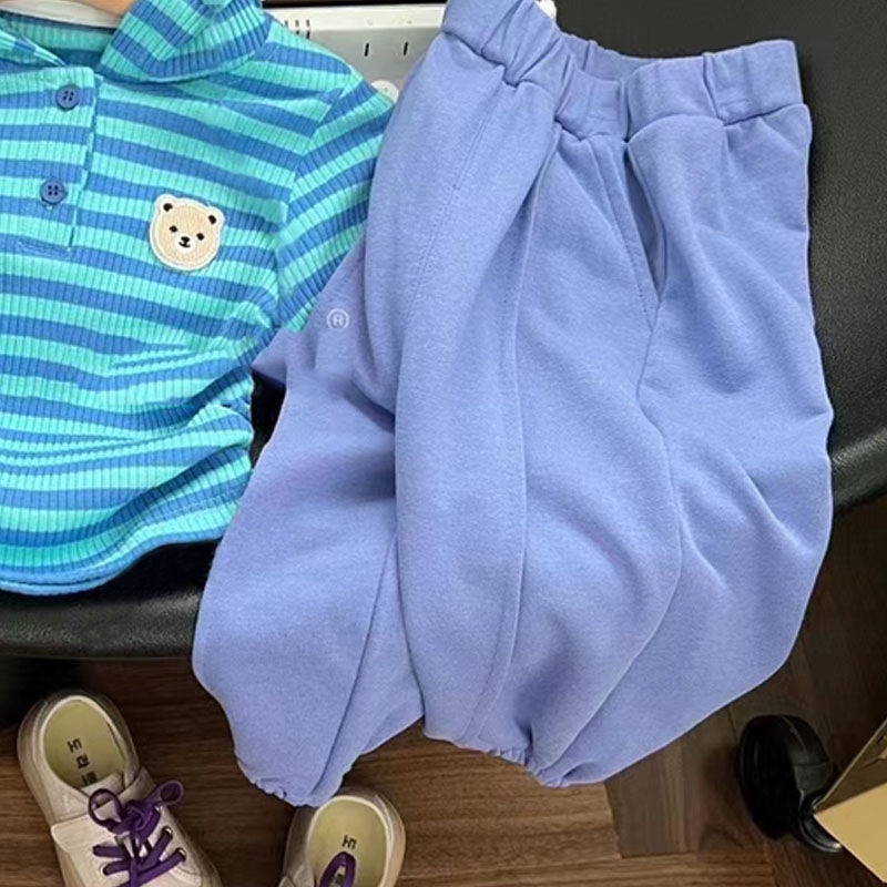 Bộ Đồ Thể Thao Hai Mảnh Gồm Áo Thun Tay Dài Có Nón Họa Tiết Kẻ Sọc Xanh Dương Phong Cách Nhật Bản + Quần Thể Thao Hàng Mới Dành Cho Bé Gái 81023