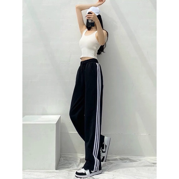 Quần thể thao 3 sọc trắng nữ nam unisex dài ống suông rộng, Quần 3 sọc thể thao nam nữ, quần kẻ ba sọc thu đông
