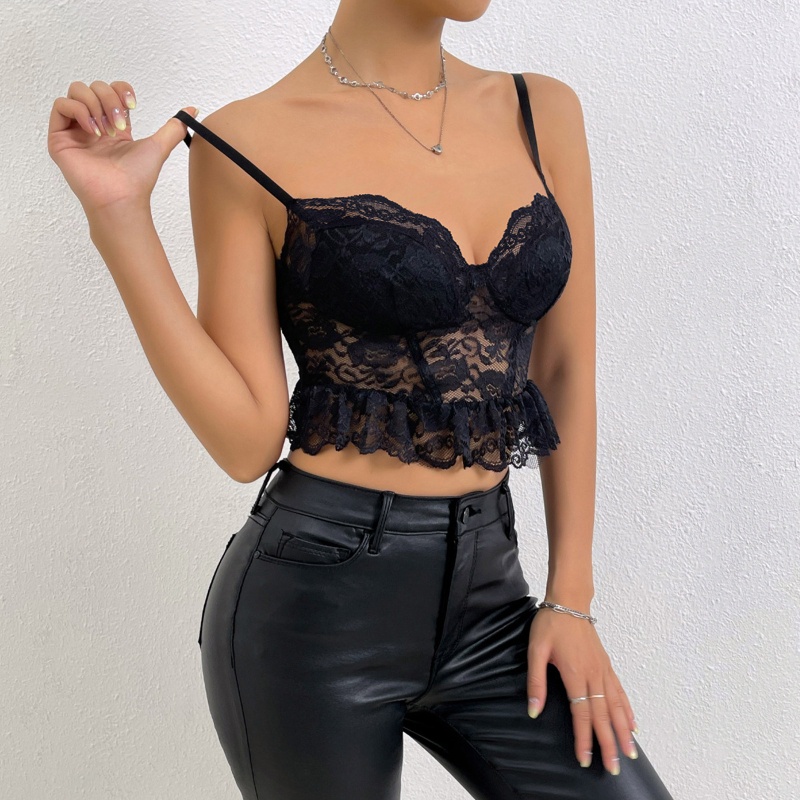 Áo Croptop Hai Dây Phối Ren Xuyên Thấu Dễ Thương Cho Bạn Gái