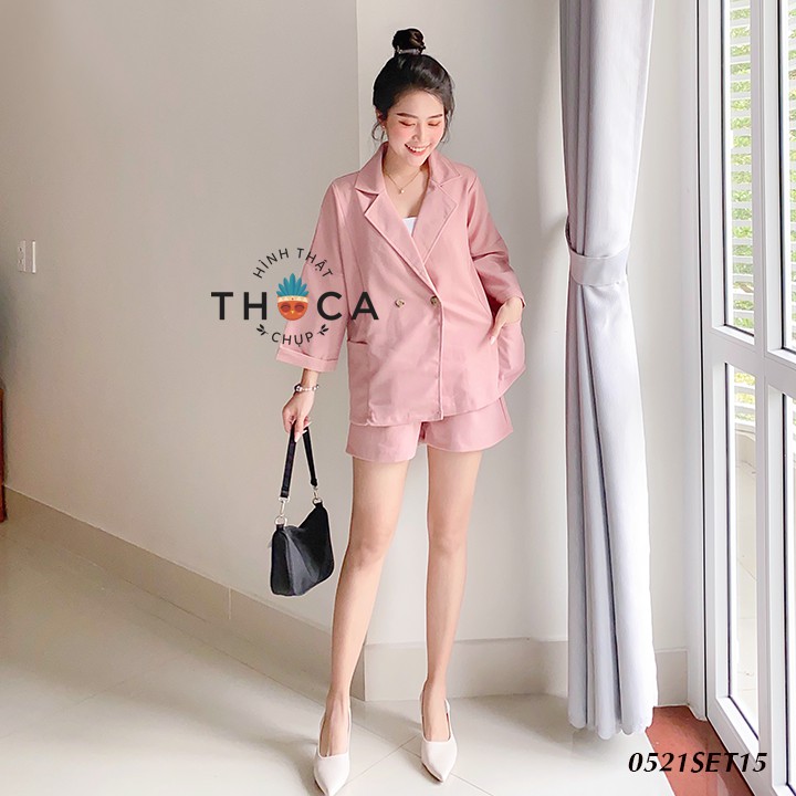 Set công sở áo vest hồng, nude, đen túi bên phối quần short THOCA HOUSE thanh lịch, trưởng thành