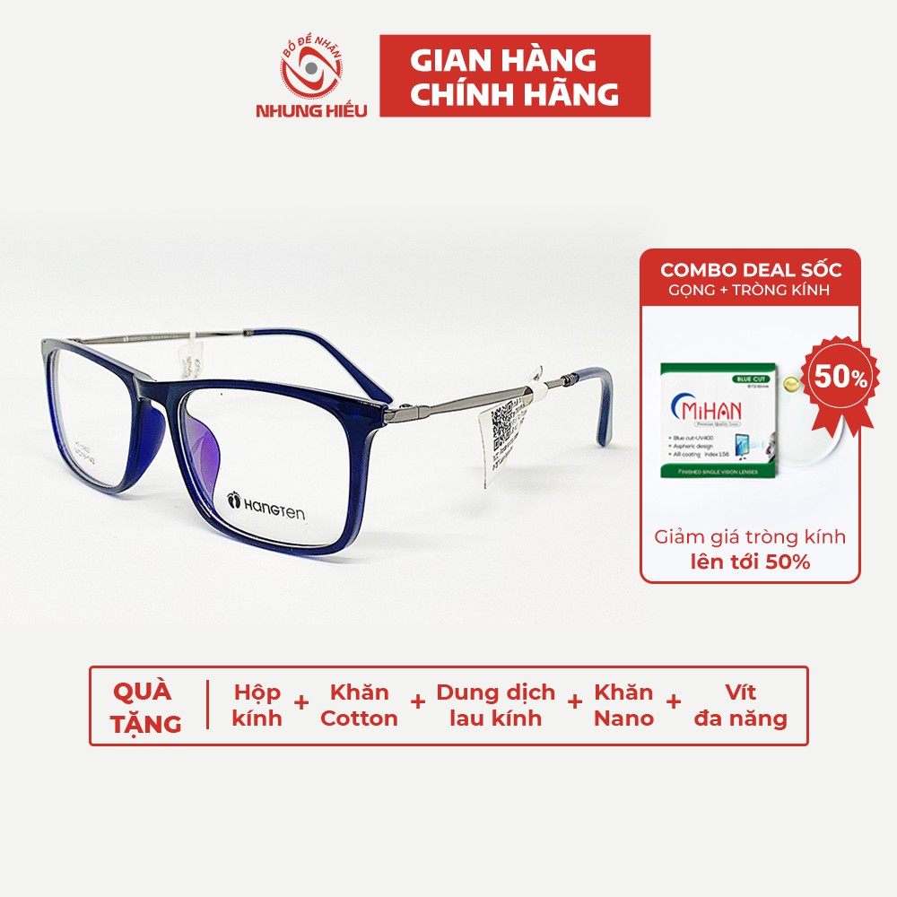 Gọng kính cận thời trang nam nữ NHUNG HIẾU dáng vuông viền nhựa Acetate càng titan cao cấp chính hãng