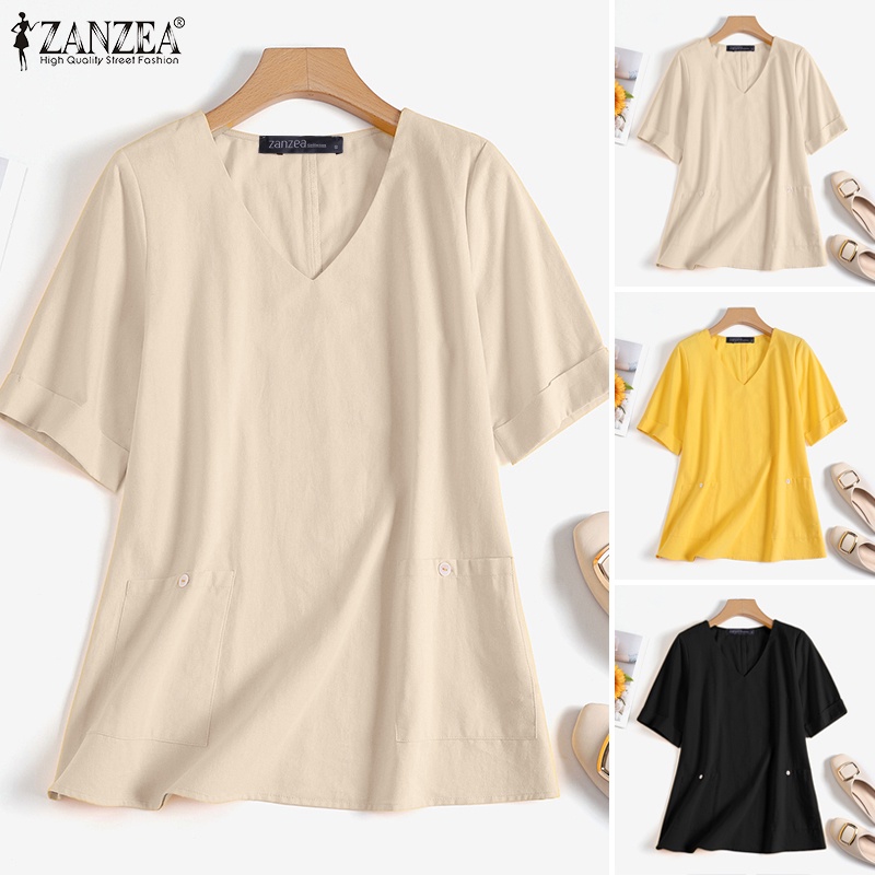 ZANZEA Áo Sơ Mi Tay Lửng 3 / 4 Có Túi Thời Trang Cho Nữ