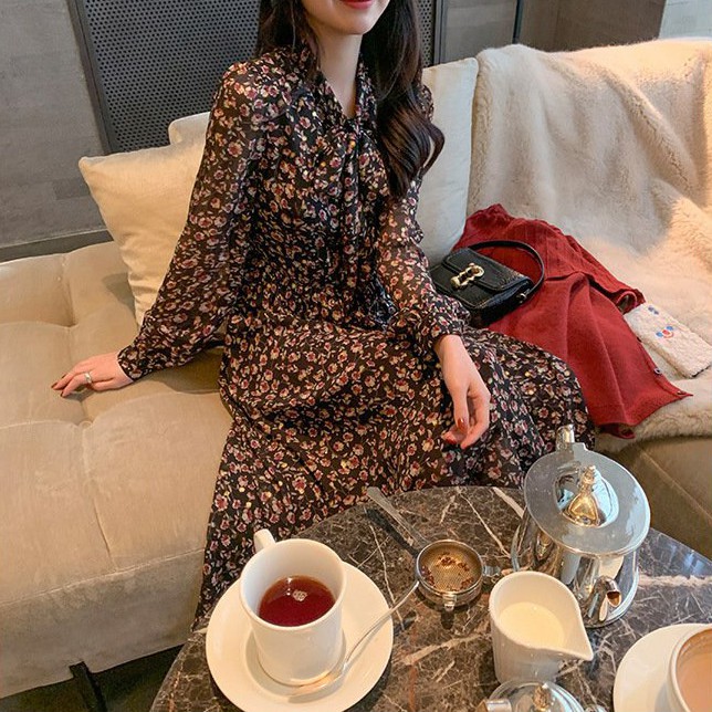 Đầm Maxi Voan Hoa Tay Dài Phối Nơ Trẻ Trung Phong Cách Retrol Hàn Quốc - MSP D10 | BigBuy360 - bigbuy360.vn