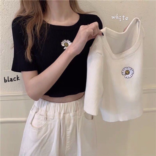 [Mã FAMAYWA giảm 10K đơn 50K] Áo Thun Croptop Thêu Hoa Cúc Body 4 Màu Xinh Xắn