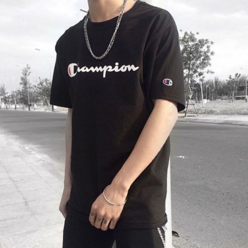 Áo phông thêu Champion unisex tay lỡ,áo thun form rộng