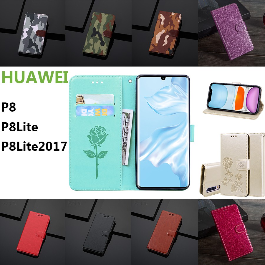 Bao da điện thoại nắp lật chống rơi vỡ kiêm giá đỡ phối ví ngăn đựng thẻ cho Huawei P8 / P8 Lite / P8 Lite 2017