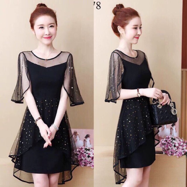 🍒Đầm xoè phối lưới ánh kim tuyến (Free/big size XL, 2XL)