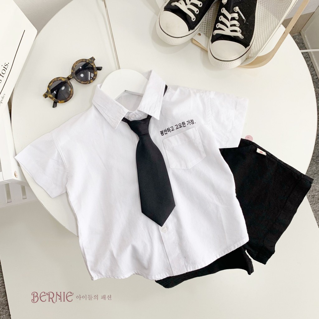 Bộ sơ mi bé trai kèm cavat chất liệu thô mềm sành điệu, bộ đồ bé trai 3 chi tiết, quần áo trẻ em phong cách Hàn Quốc