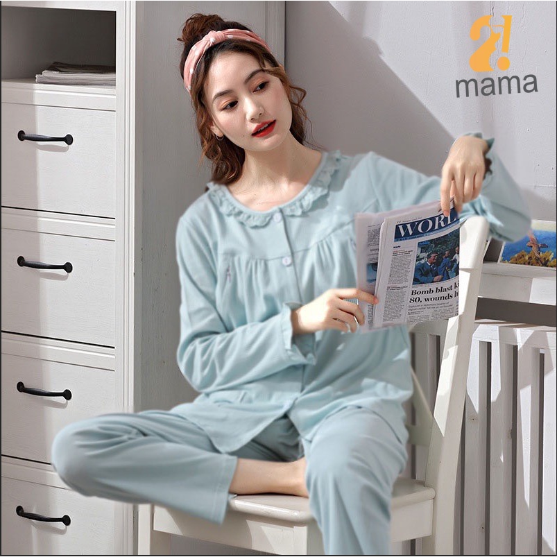 Bộ đồ bầu mặc nhà, sau sinh cotton dài tay cổ bèo trơn 2mama V200