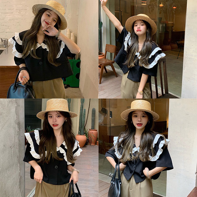 Áo Sơ Mi Voan Cổ Búp Bê Tay Ngắn Dáng Rộng Thời Trang Xinh Xắn Cho Nữ