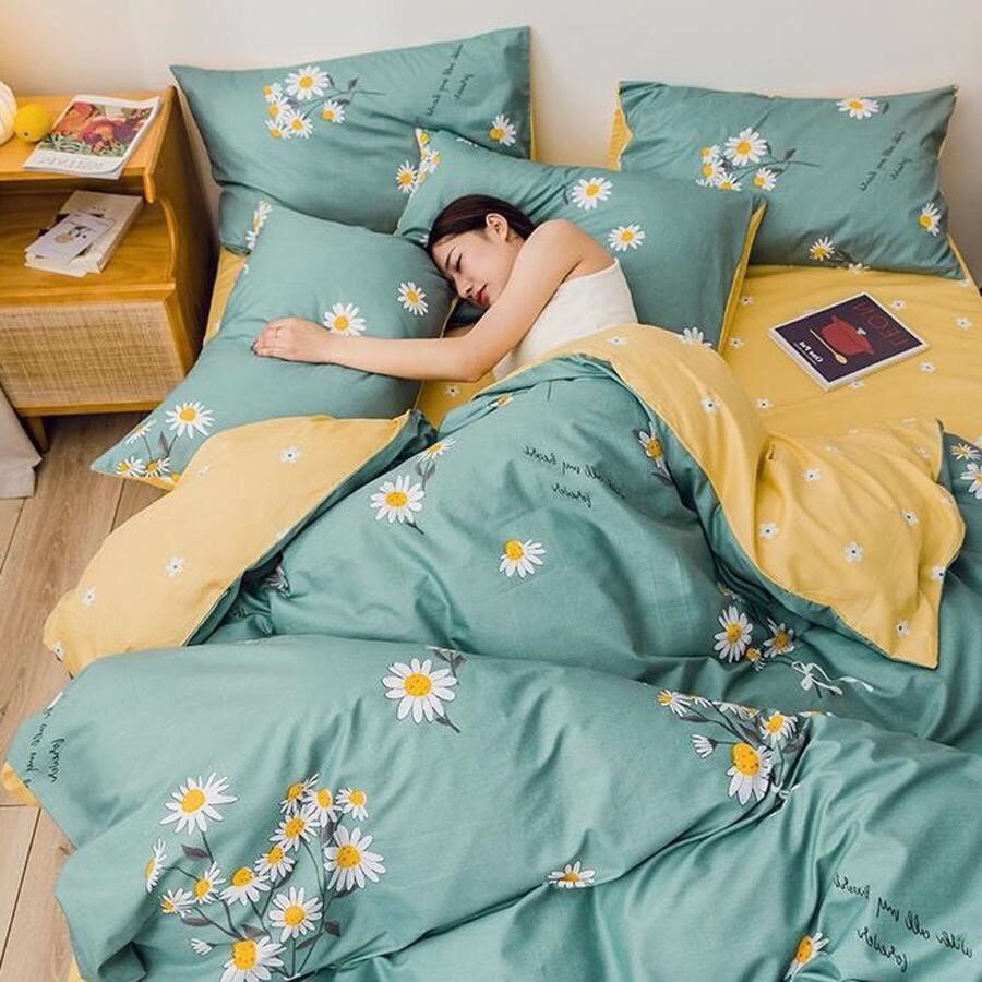 Bộ Dra Trải Giường Vỏ Chăn 5 Món (Hình Thật) Chọn Kiểu Chăn 2 mặt vàng xanh phối hoa M2*2M-M4*2M- M6