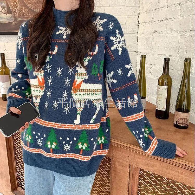 Áo Sweater dệt kim dày dặn dáng rộng in hình tuần lộc Giáng sinh kiểu Hàn Quốc thời trang mùa thu cho các cặp đôi