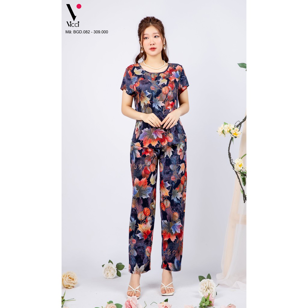 Bộ đồ mặc nhà trung niên lanh nhung Vicci áo cộc,quần dài BGDM.082