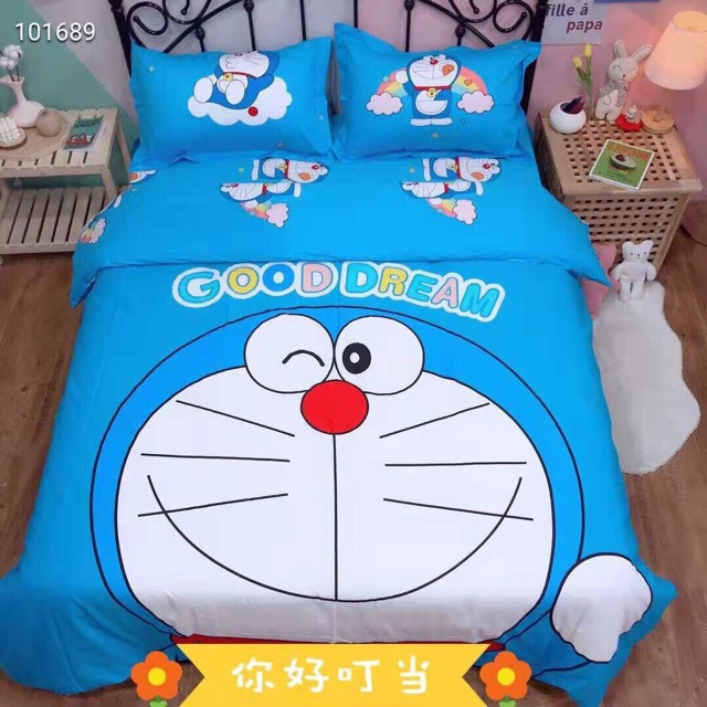 Bộ chăn ga cotton 3D Doraemon xanh siêu xinh(kèm ảnh thật)