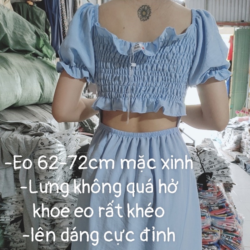 Váy Maxi Dáng Dài Trễ Vai Cổ Vuông Tay Bồng Xẻ Tà Hở Lưng Đi Biển Chun Lưng