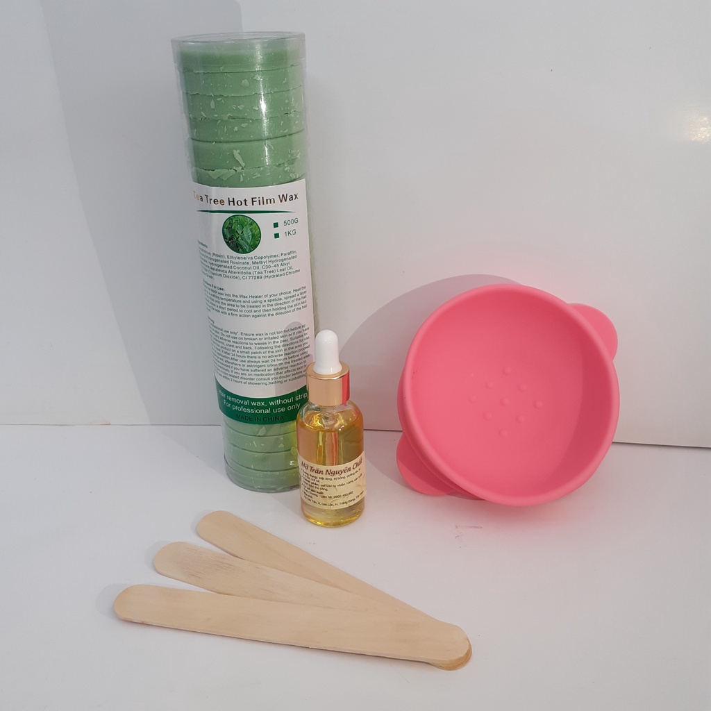 set wax sáp khoanh:500g sáp khoanh + chén silicon + mỡ trăn +  phấn rôm 100g Johnson baby (tặng que sáp + đồ dũa móng)