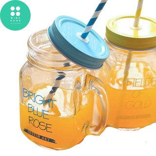 Cốc Thuỷ Tinh Có Nắp Cắm Ống Hút Và Tay Cầm - Dung Tích 350ml