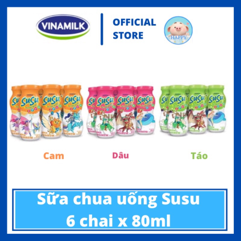 Sữa chua uống tiệt trùng hương dâu/cam/táo Vinamilk Susu 80ml - Lốc 6 chai