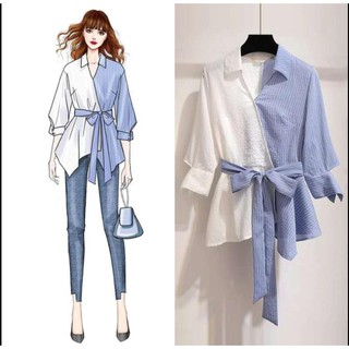 Áo sơ mi nữ Hàn Quốc sọc dọc dài tà không đối xứng