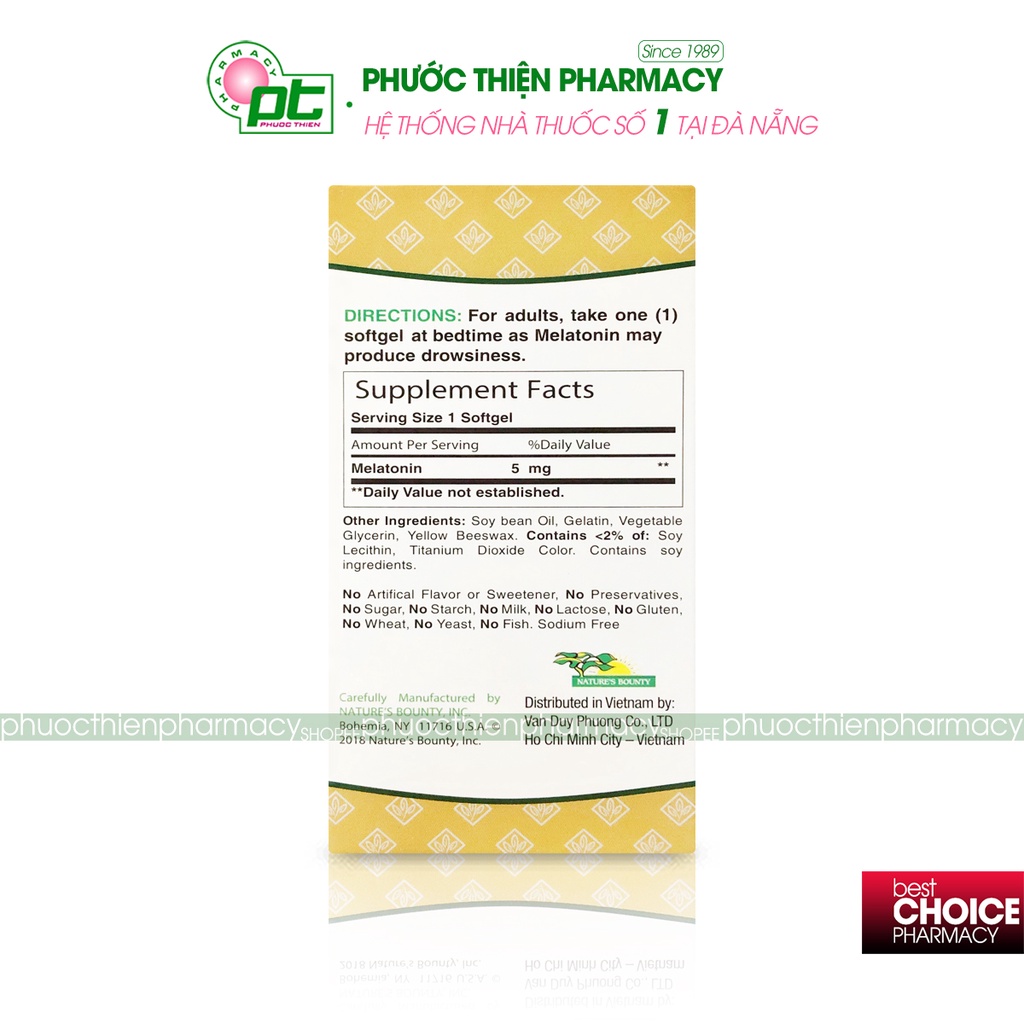 Viên uống hỗ trợ giúp ngủ ngon Nature's Bounty Melatonin 5mg lọ 60 Viên - điều hòa giấc ngủ nhathuocphuocthien