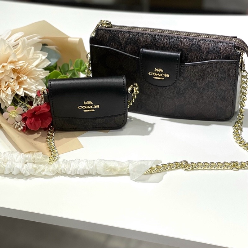 Clutch Coach da thật pha canvas kèm ví cài to cực xinh