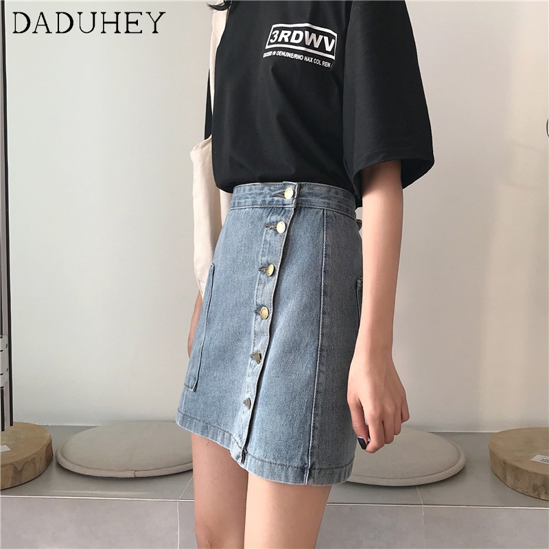 Daduhey Chân váy ngắn denim dáng chữ A có túi ngang hông thời trang mùa hè 2022 mới