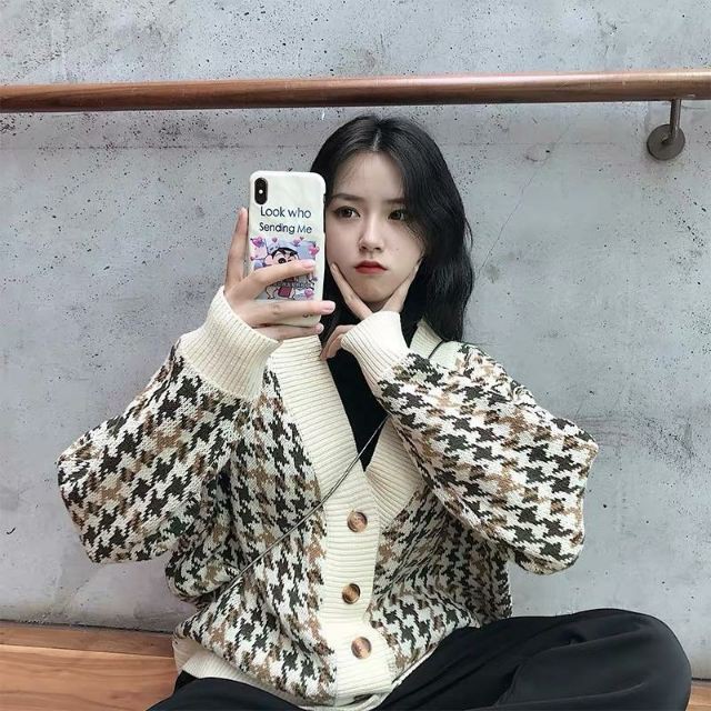 Áo khoác len cardigan thu đông họa tiết houndstooth | BigBuy360 - bigbuy360.vn