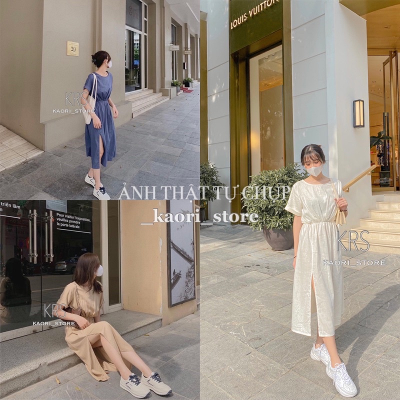 VÁY NỮ XUÔNG DÁNG DÀI XẺ VẠT TRƯỚC BO CHUN EO CHẤT ĐŨI LINEN ( ảnh thật- hàng có sẵn ) | _KAORI_STORE |