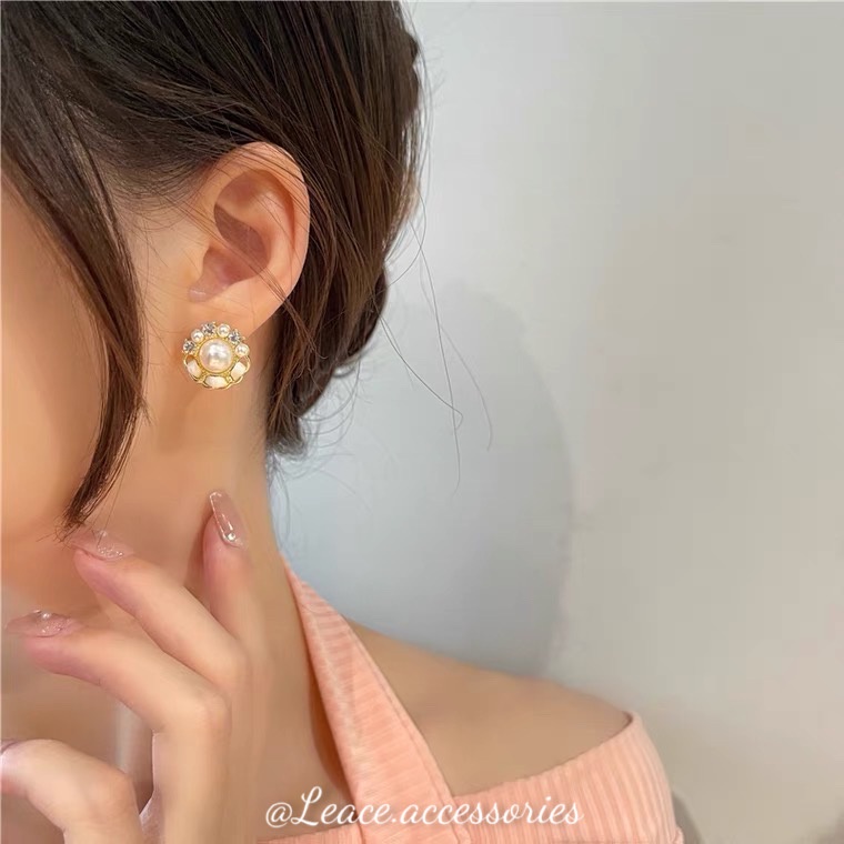 Bông tai khuyên tai ngọc phối viền mạ vàng hotgirl sang chảnh ER065 Leace.accessories