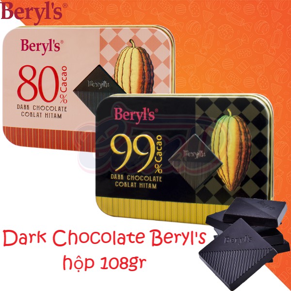 (2 loại) Dark Chocolate Beryl's hộp 108gr (80% & 99% Cacao)