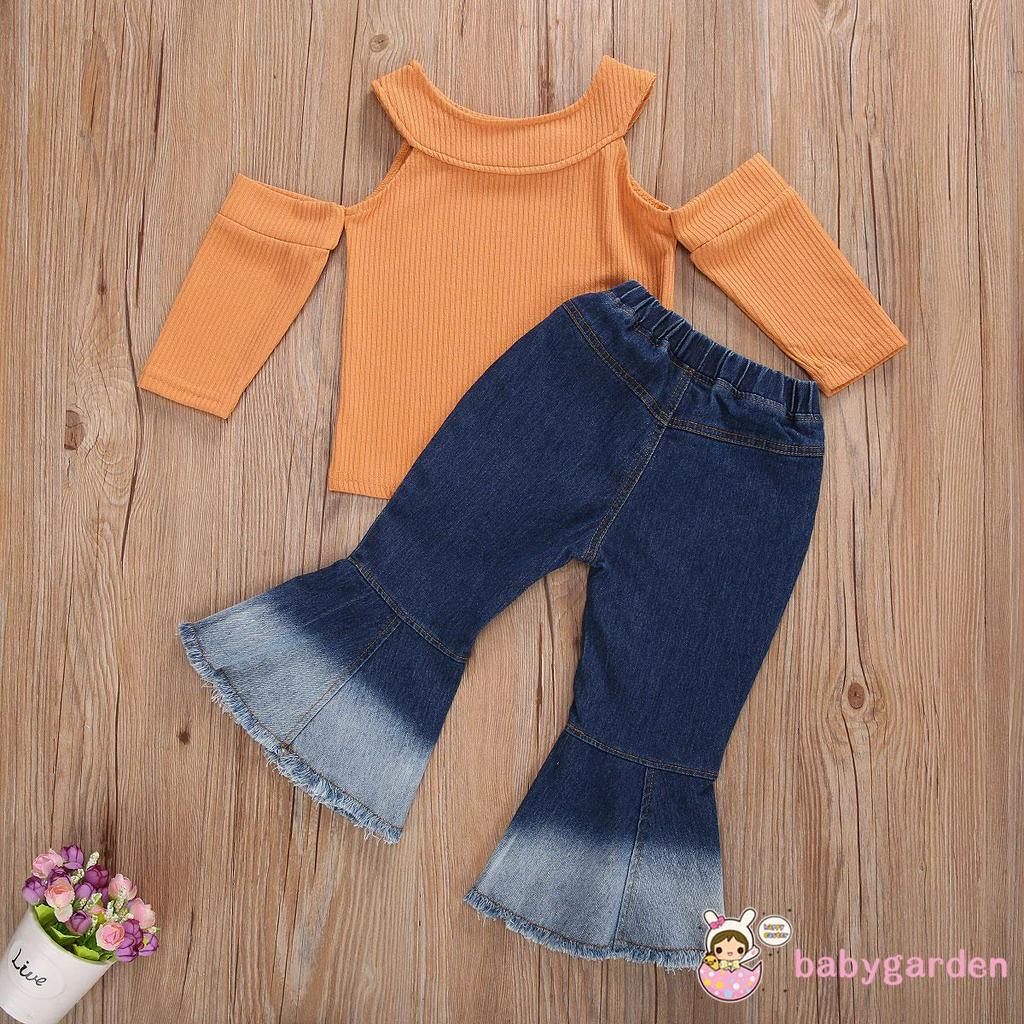 Set Áo Trễ Vai Và Quần Jeans Ống Loe Thời Trang Cho Bé Gái